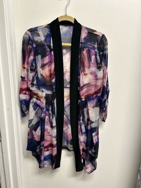 Lightweight Open-Front Multi-Color Art Print Cardigan - Black Trim